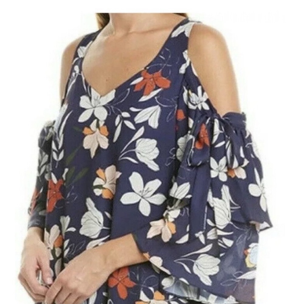 Parker Woman Moondance Floral V-Neck Cold Shoulder Ruffle Bell Sleeve Dress - Picture 2 of 7